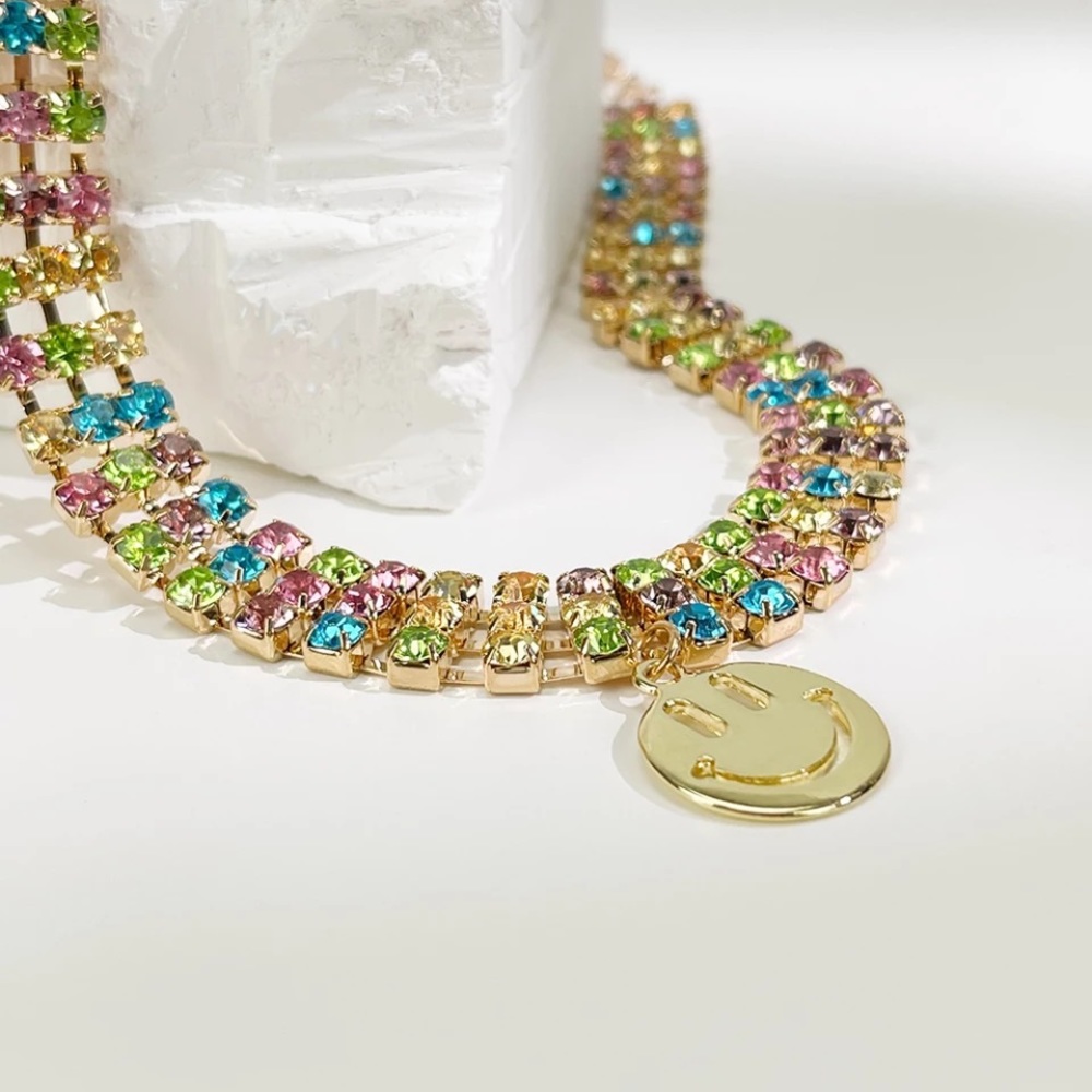 Zara Rainbow Rhinestone Smiley Charm Choker Necklaces + Chain - Picture 3 of 14
